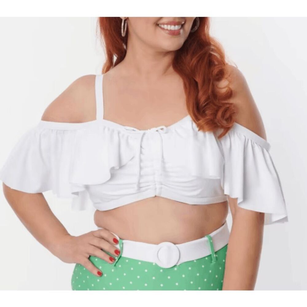 White Off-Shoulder Ruffle Swim Top